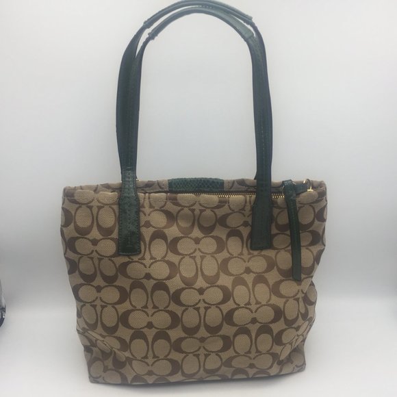 Authentic Coach Signature Tan Python Stripe Khaki Olive Green Tote Bag F25706 - Picture 3 of 10
